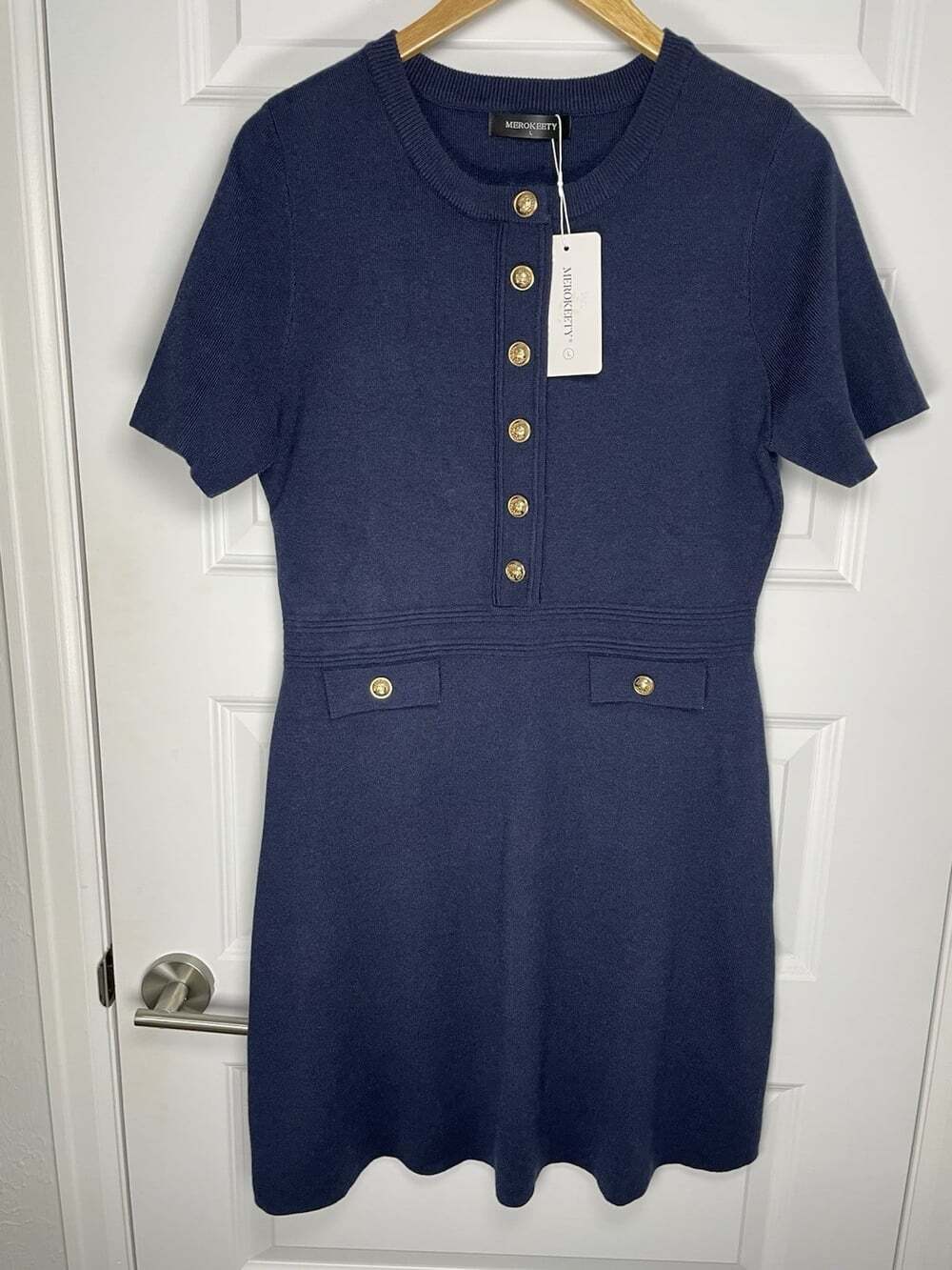 New MEROKEETY L Navy Blue Gold Crest Button Knit Sweater Dress Preppy Old Money